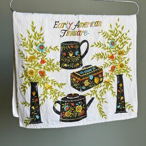 Vintage Linen Hand Tea Towel Dishcloth, Early American Tinware